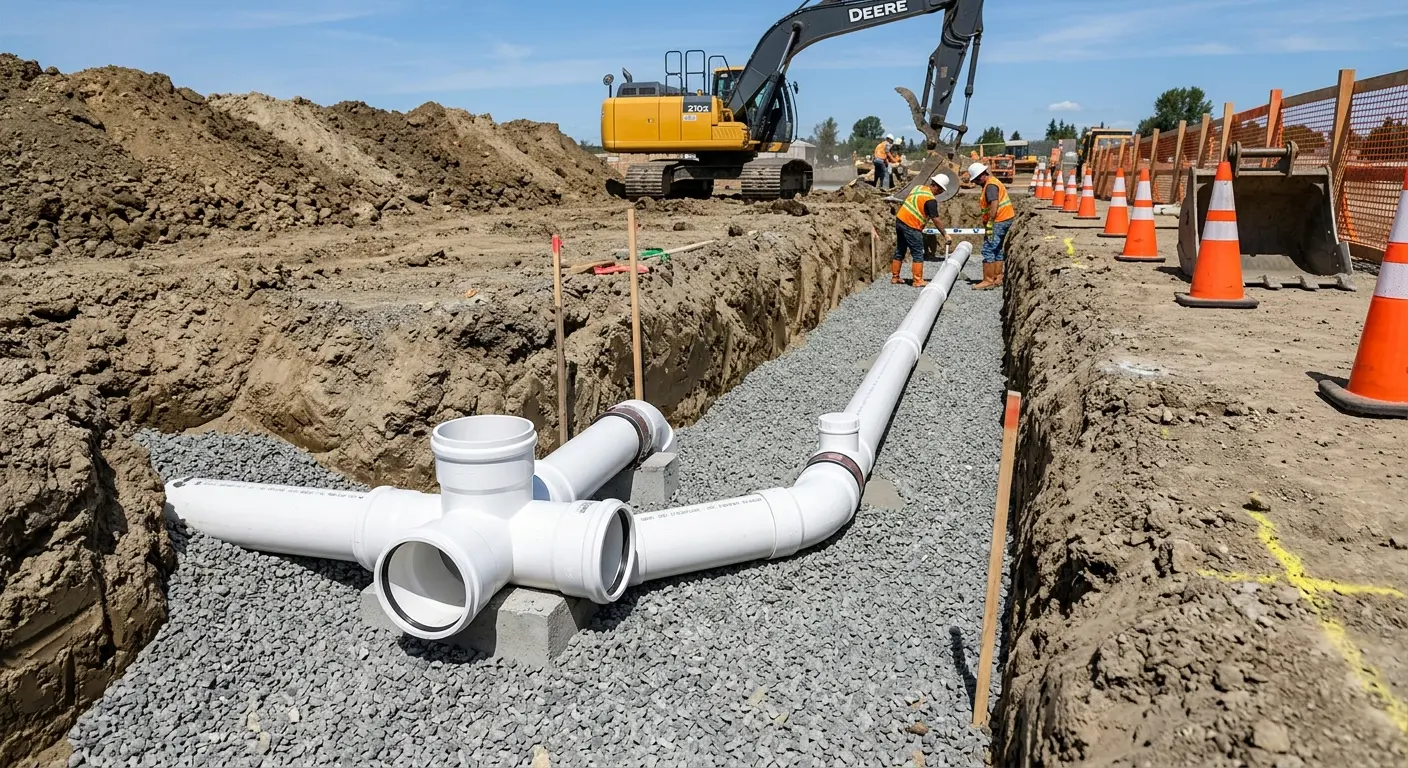 New PVC sewer pipe installation in open trench for Sewer Backup in Maidencreek