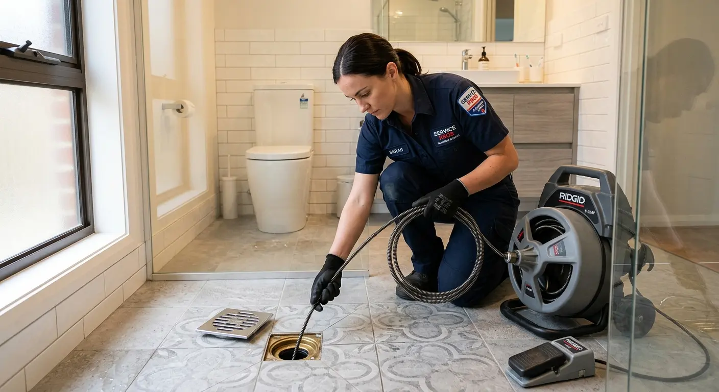 Technician clearing a bathroom floor drain for Hydro Jetting in Maidencreek
